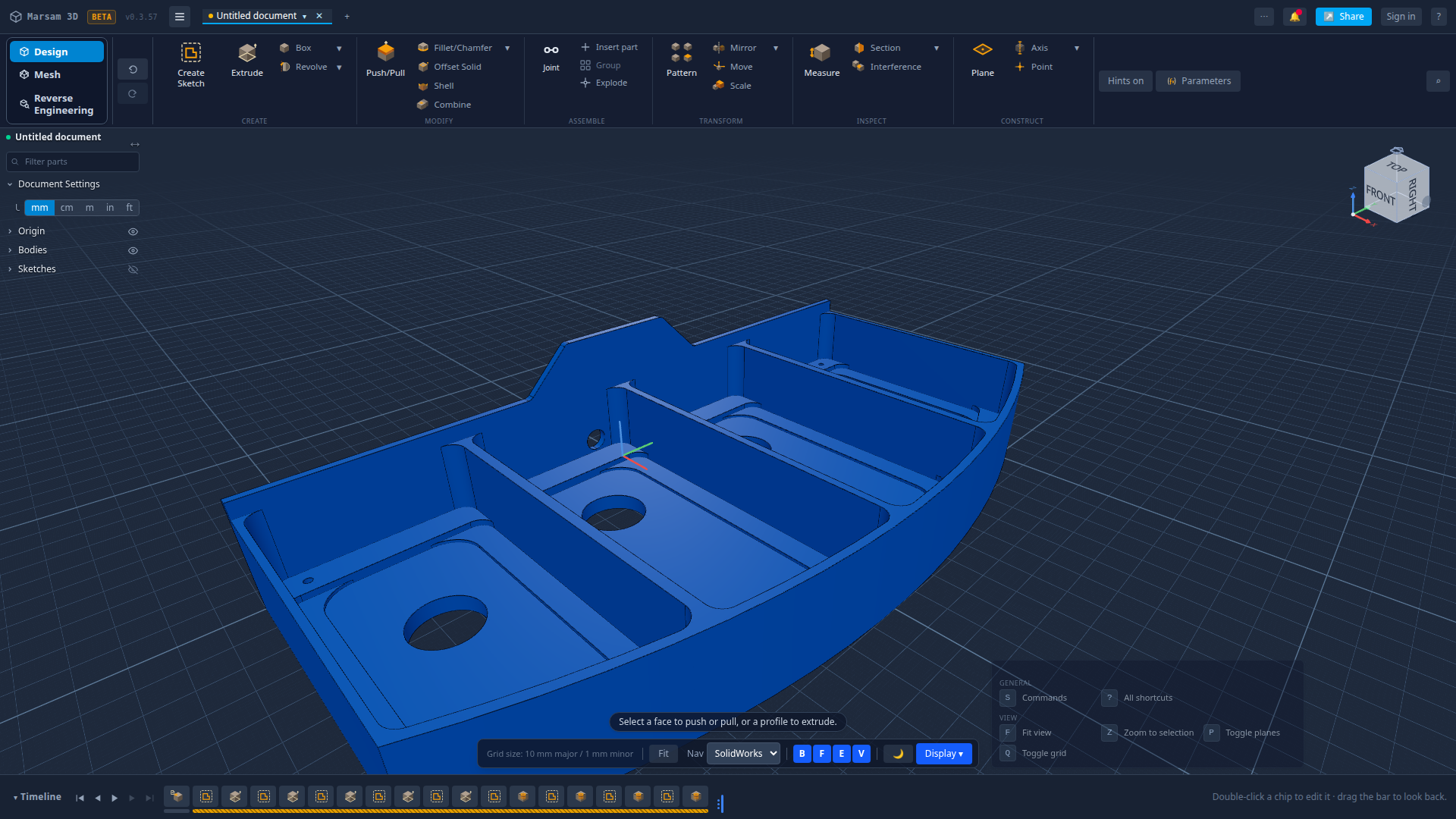 Marsam 3D workspace — an imported STEP part reverse-engineered into ten editable steps, shown along the feature timeline