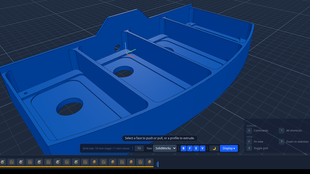 An imported part rebuilt as editable steps along the timeline