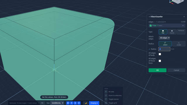 The fillet dialog in Marsam 3D, running in a browser